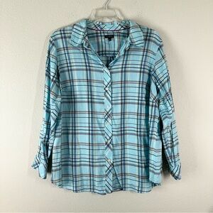 TALBOTS Plus Size Button Up Shirt Blue Plaid Long Sleeve Lightweight Casual 2X
